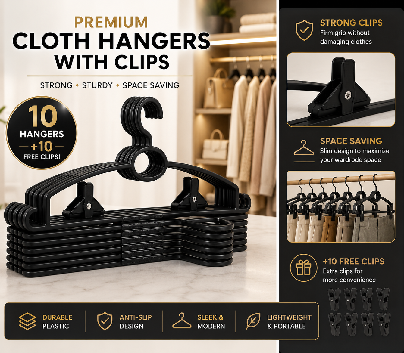 Heavy-Duty Plastic Clothes Hangers with Free Clips — Pack of 10 + 10