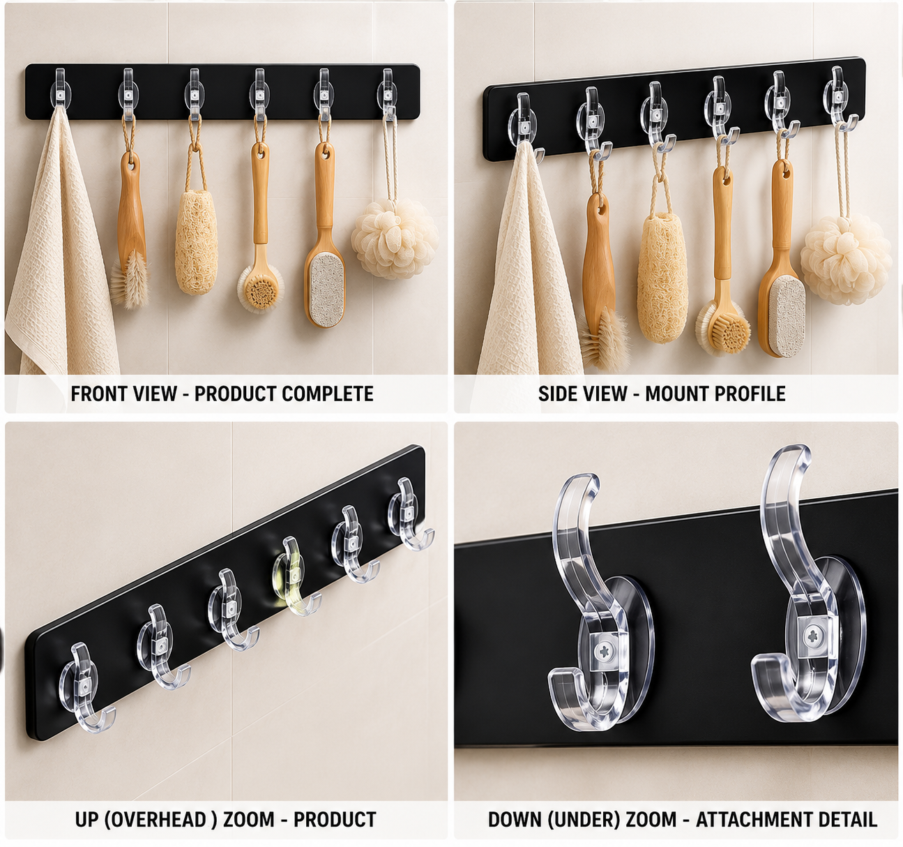 7-Piece No-Drill Bathroom Organizer Set – 3 Storage Shelves, 3 Soap Holders & 6-Hook Rail | Black