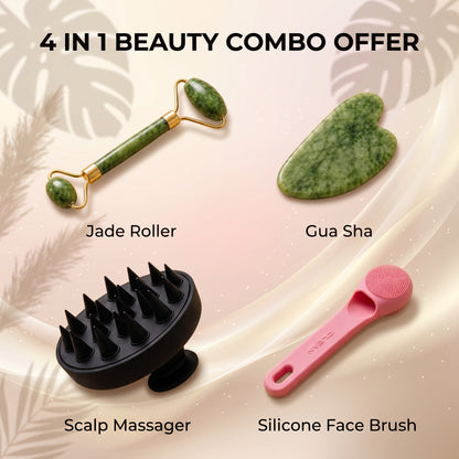 4-in-1 Jade Roller & Gua Sha Beauty Combo with Scalp Massager & Face Brush