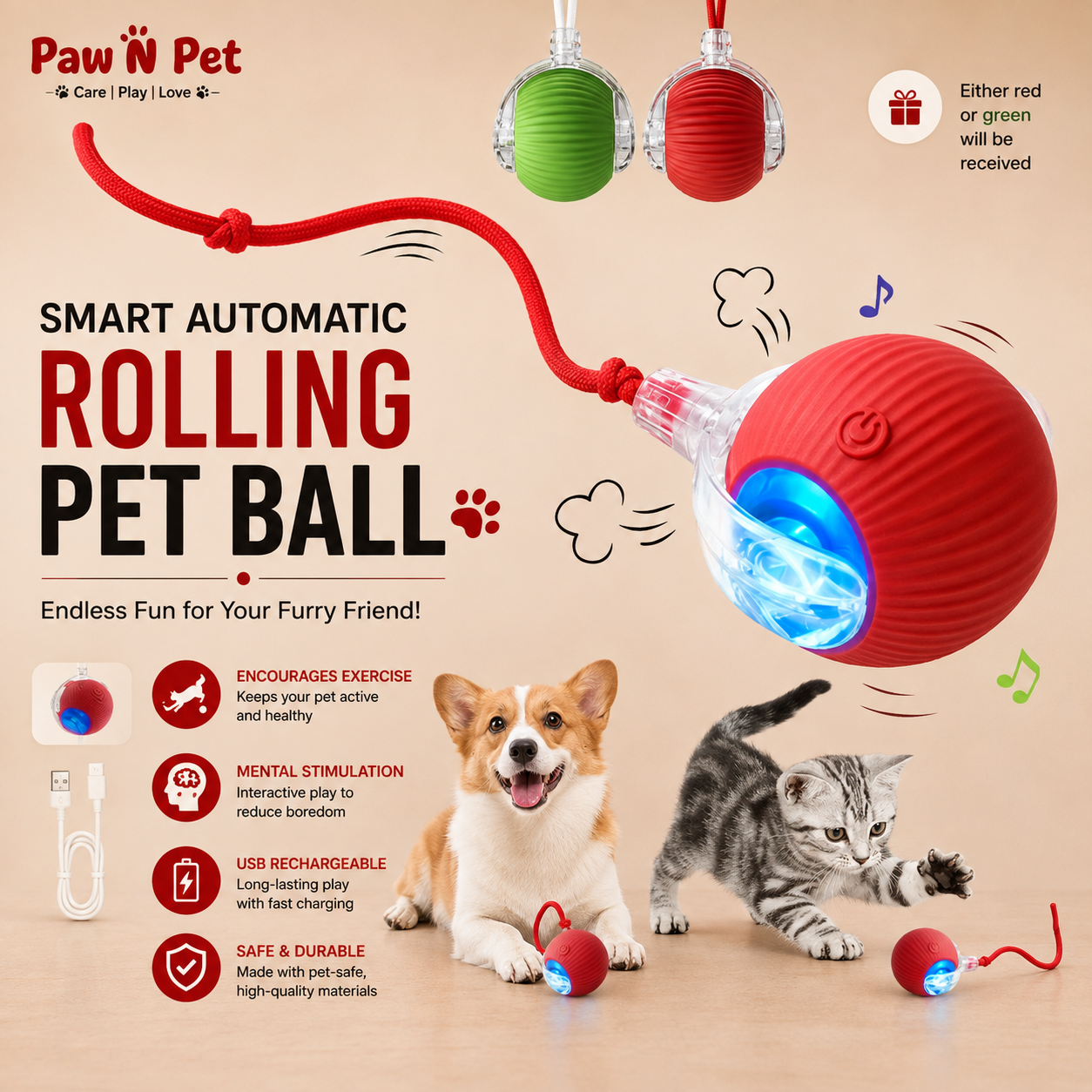 Smart Rolling LED Ball – Interactive Motion-Activated Pet Toy