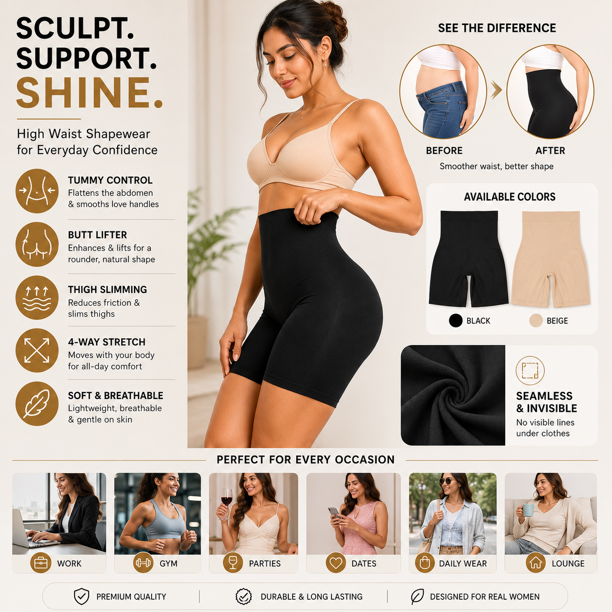 High-Waisted Shapewear Shorts | Tummy & Thigh Control Body Shaper (Pack of 2