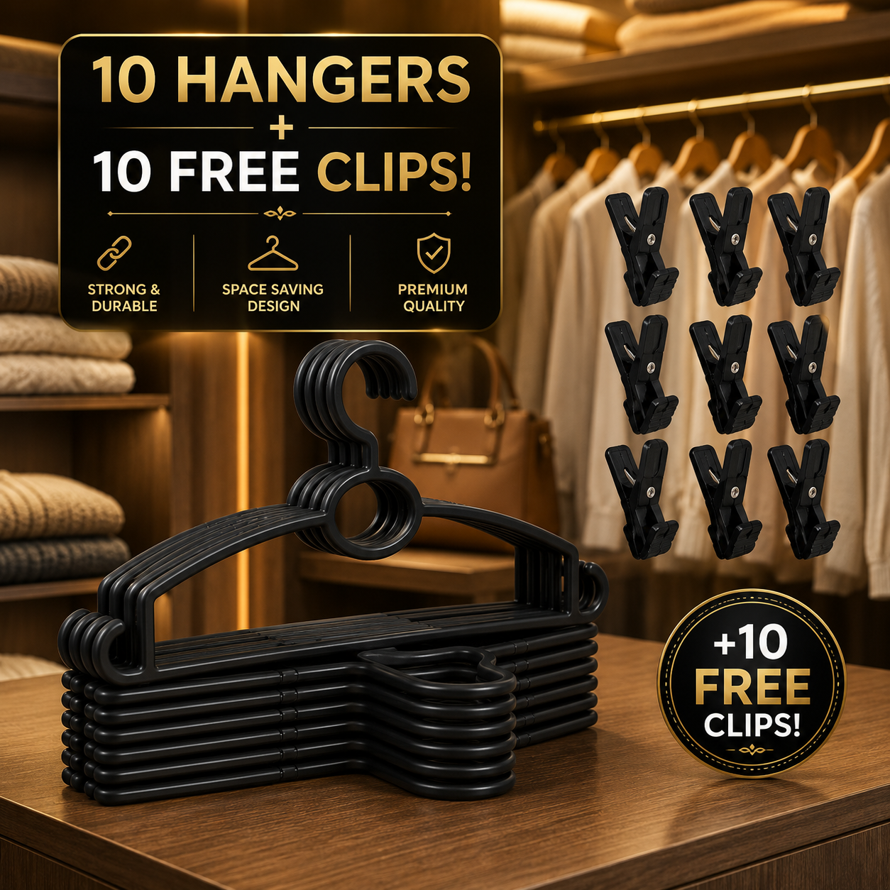 Heavy-Duty Plastic Clothes Hangers with Free Clips — Pack of 10 + 10
