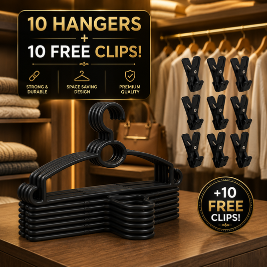 Heavy-Duty Plastic Clothes Hangers with Free Clips — Pack of 10 + 10