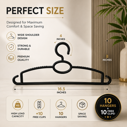 Heavy-Duty Plastic Clothes Hangers with Free Clips — Pack of 10 + 10