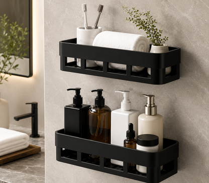 7-Piece No-Drill Bathroom Organizer Set – 3 Storage Shelves, 3 Soap Holders & 6-Hook Rail | Black