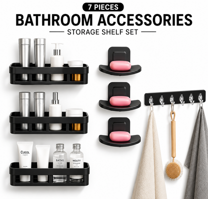 7-Piece No-Drill Bathroom Organizer Set – 3 Storage Shelves, 3 Soap Holders & 6-Hook Rail | Black