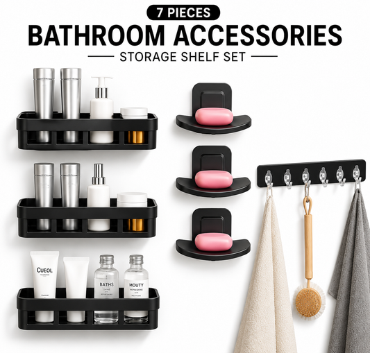 7-Piece No-Drill Bathroom Organizer Set – 3 Storage Shelves, 3 Soap Holders & 6-Hook Rail | Black