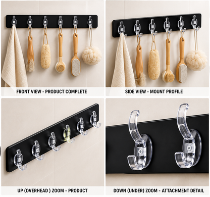 7-Piece No-Drill Bathroom Organizer Set – 3 Storage Shelves, 3 Soap Holders & 6-Hook Rail | Black