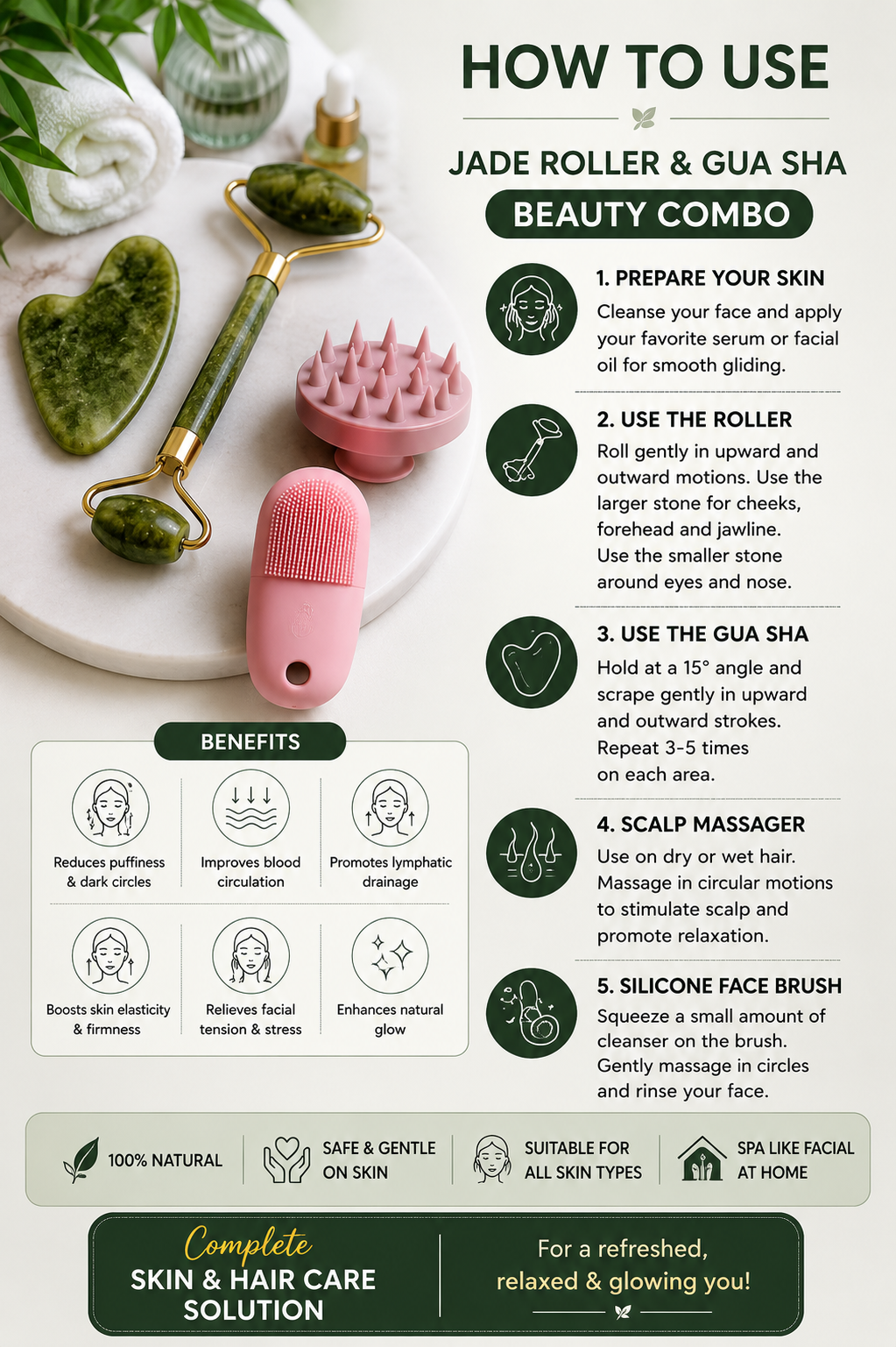 4-in-1 Jade Roller & Gua Sha Beauty Combo with Scalp Massager & Face Brush