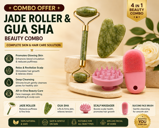 4-in-1 Jade Roller & Gua Sha Beauty Combo with Scalp Massager & Face Brush