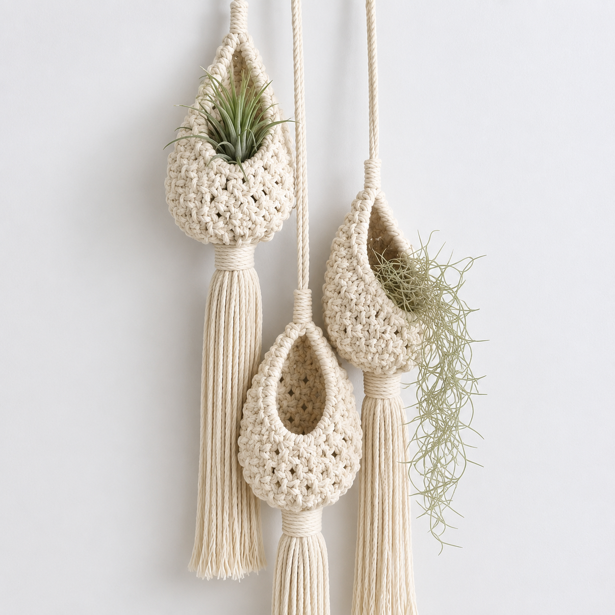 Set of 3 Handmade Macrame Cotton Plant Hangers – Boho Hanging Planters | Off White