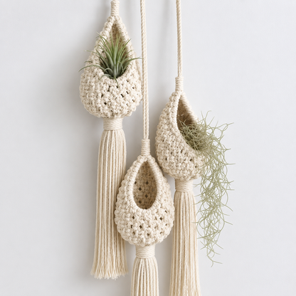 Set of 3 Handmade Macrame Cotton Plant Hangers – Boho Hanging Planters | Off White