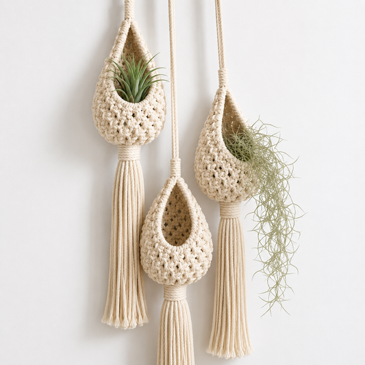 Set of 3 Handmade Macrame Cotton Plant Hangers – Boho Hanging Planters | Off White