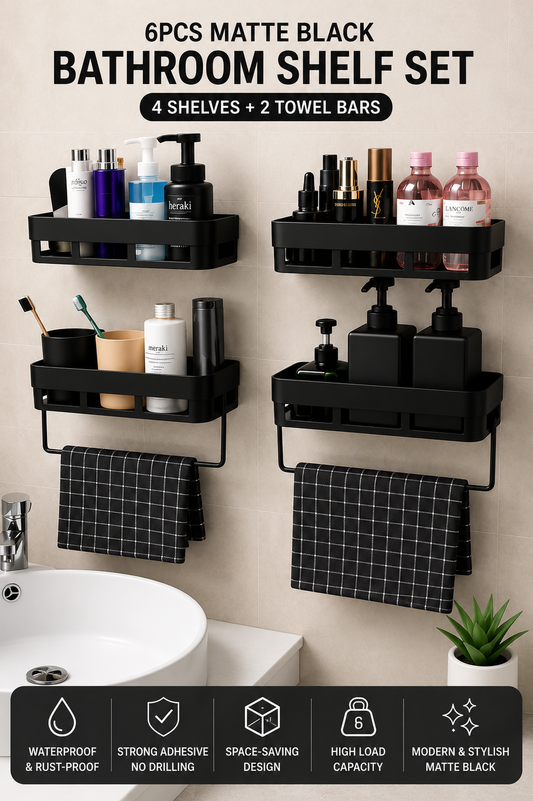 6-Piece No-Drill Matte Black Bathroom Shelf Organizer Set with Towel Bars