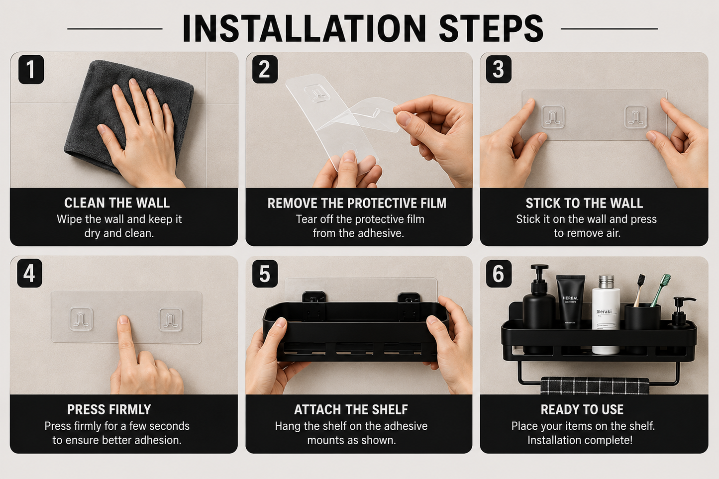 6-Piece No-Drill Matte Black Bathroom Shelf Organizer Set with Towel Bars