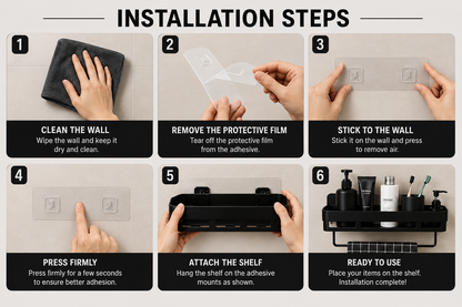 6-Piece No-Drill Matte Black Bathroom Shelf Organizer Set with Towel Bars