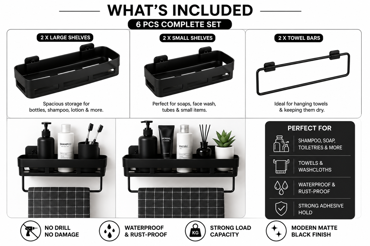 6-Piece No-Drill Matte Black Bathroom Shelf Organizer Set with Towel Bars